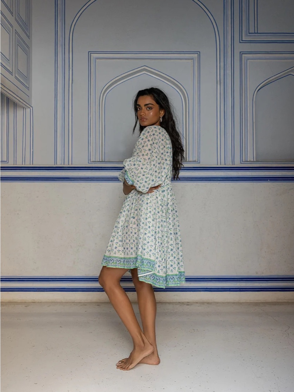 Daughters of India White Dress with Green Floral Print